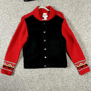 Pendleton Women's Size Medium Leather Front Aztec Print Wool Button Up Jacket